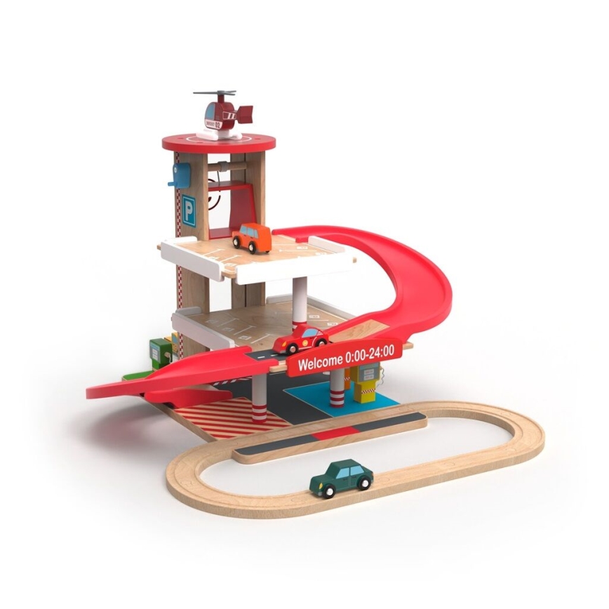 2Kids Toys - Garagem de madeira com linha de comboio