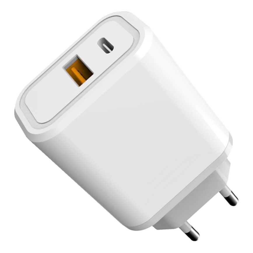 Adaptador de carregamento rápido Power Delivery 30W USB-C + USB-A branco