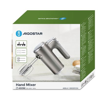 Aigostar - Batedeira portátil 400W/230V cinzento/cromado mate