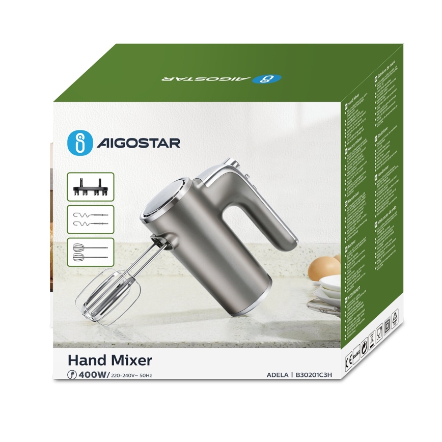 Aigostar - Batedeira portátil 400W/230V cinzento/cromado mate