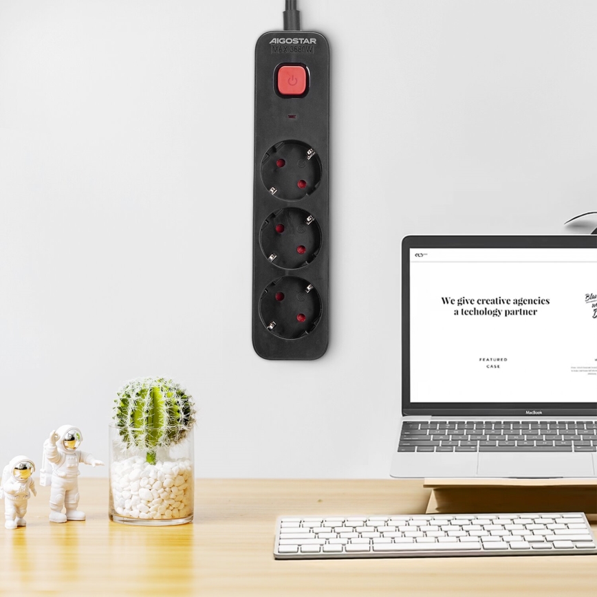 Aigostar - Cabo de extensão com interruptor 3Z Tipo F 1,5m preto