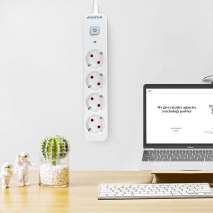 Aigostar - Cabo de extensão com interruptor 4Z Tipo F 1,5m branco