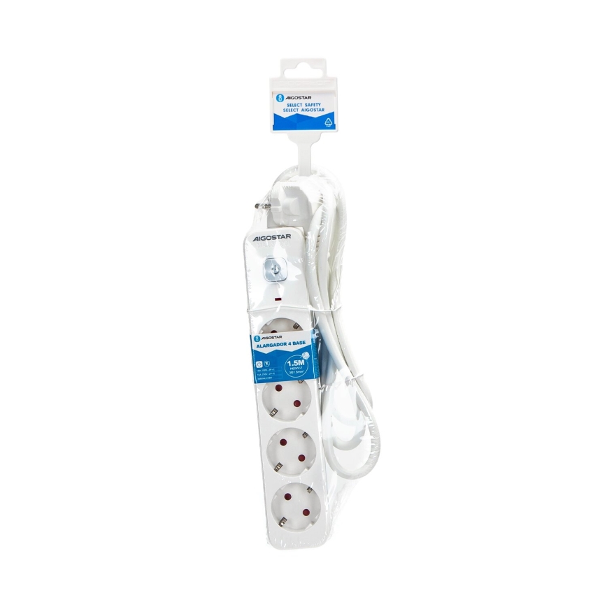Aigostar - Cabo de extensão com interruptor 4Z Tipo F 1,5m branco