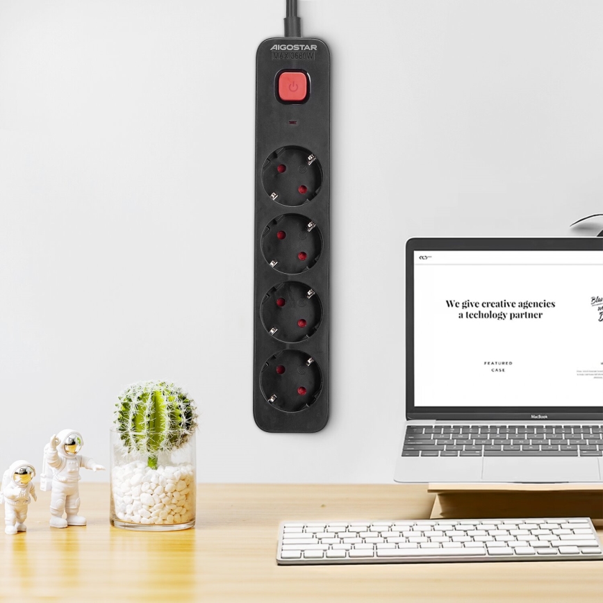 Aigostar - Cabo de extensão com interruptor 4Z Tipo F 1,5m preto