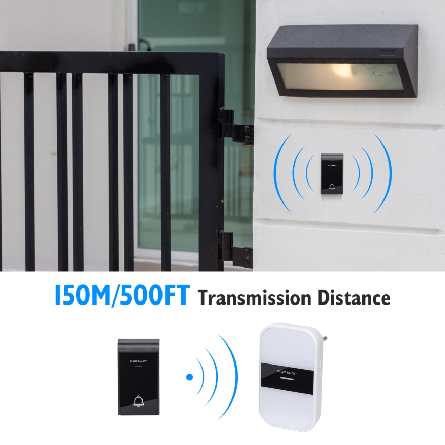 Aigostar - Campainha de tomada sem fios 230V IP44 branco/preto