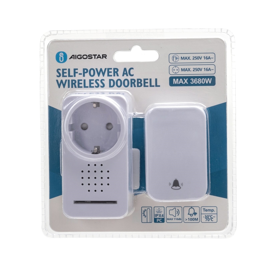 Aigostar - Campainha Sem Fios Plug-in 1Z 230V IPX4 branco