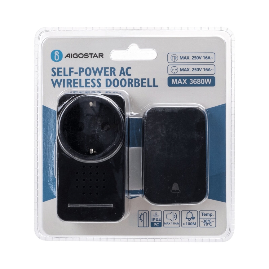 Aigostar - Campainha Sem Fios Plug-in 1Z 230V IPX4 preto