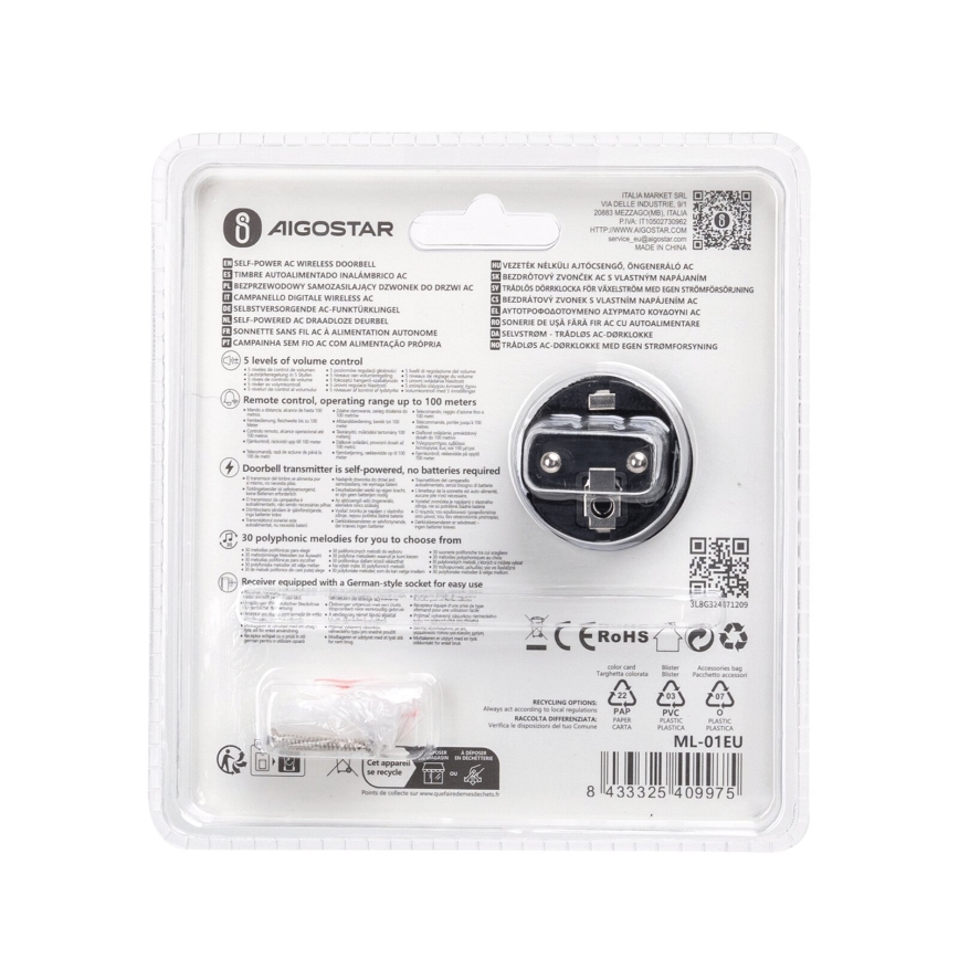 Aigostar - Campainha Sem Fios Plug-in 1Z 230V IPX4 preto