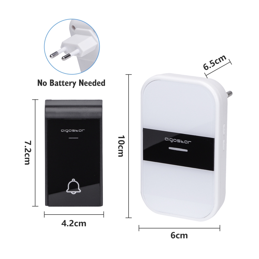 Aigostar - Campainha Sem Fios Plug-in 230V/12V IP44 branco/preto