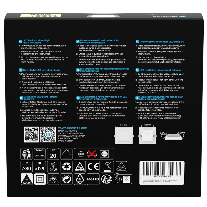 Aigostar - Candeeiro de embutir LED/12W/230V 4000K 17,5x17,5 cm branco
