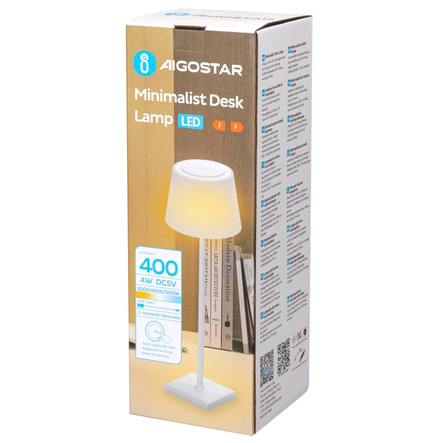 Aigostar - Candeeiro de mesa LED exterior recarregável com regulação LED/4W/5V 3600mAh branco IP54
