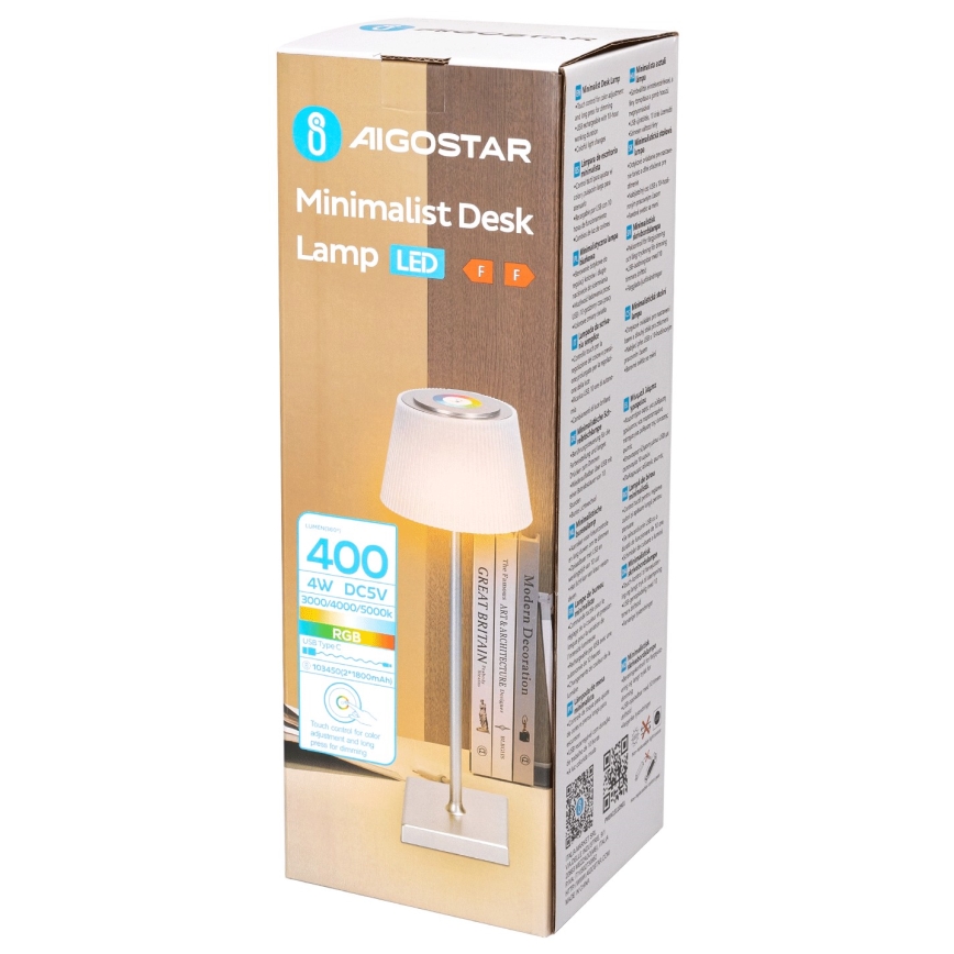 Aigostar - Candeeiro de exterior LED RGBW regulável 4W/5V 3600mAh branco/cromado IP54