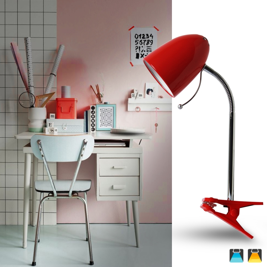 Aigostar - Candeeiro de mesa com clipe 1xE27/11W/230V vermelho/cromado brilhante