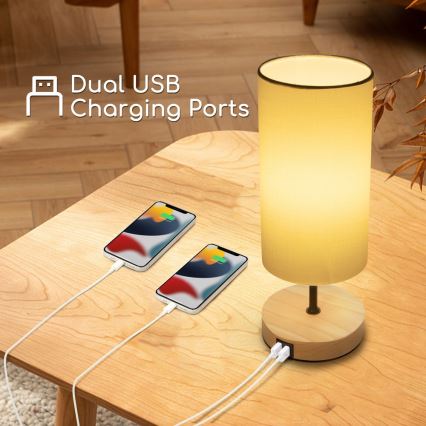 Aigostar - Candeeiro de mesa com porta USB 1xE27/40W/230V bege