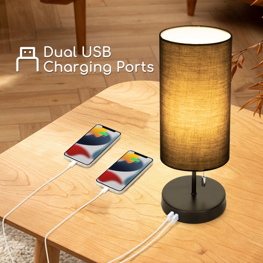 Aigostar - Candeeiro de mesa com porta USB 1xE27/40W/230V preto