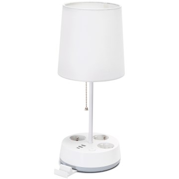 Aigostar - Candeeiro de mesa com tomadas e portas USB 1xE27/60W/230V branco