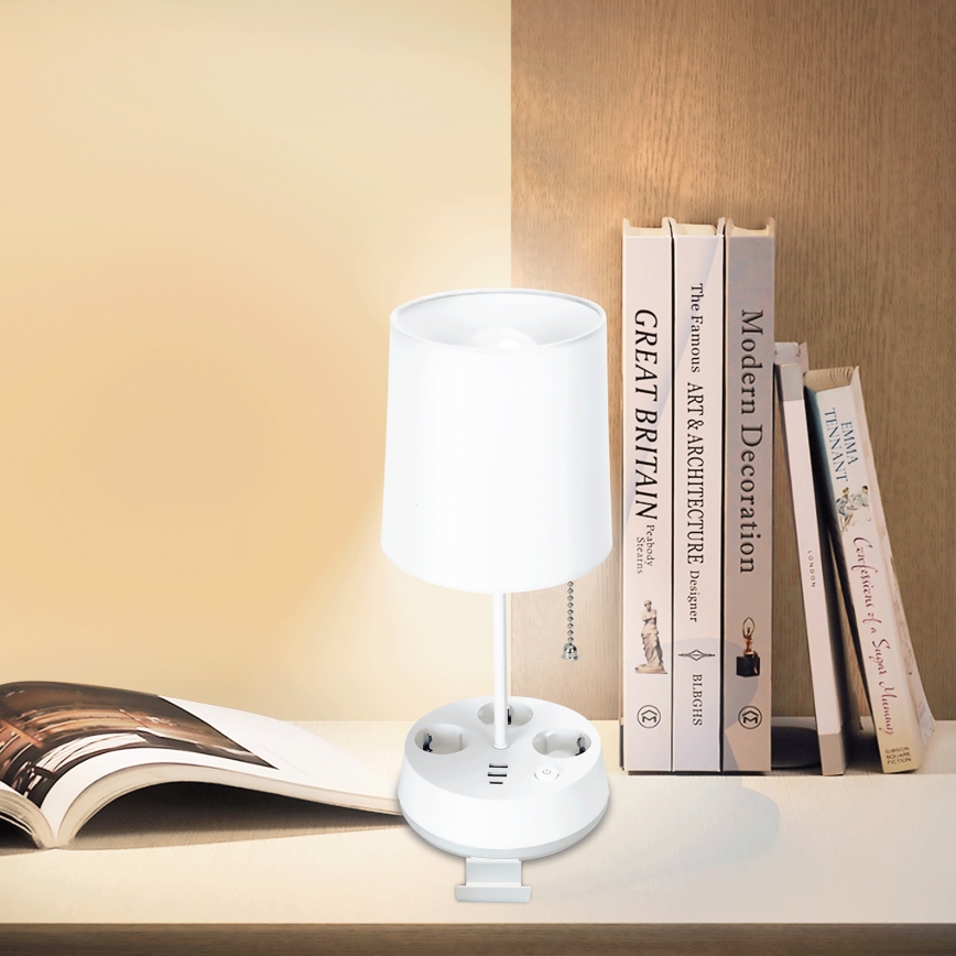 Aigostar - Candeeiro de mesa com tomadas e portas USB 1xE27/60W/230V branco