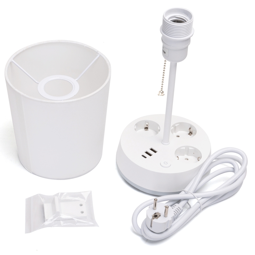 Aigostar - Candeeiro de mesa com tomadas e portas USB 1xE27/60W/230V branco