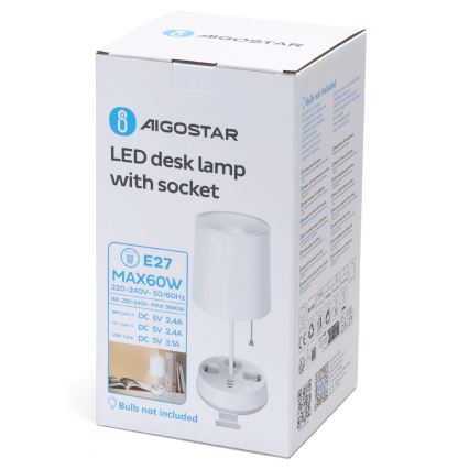 Aigostar - Candeeiro de mesa com tomadas e portas USB 1xE27/60W/230V branco