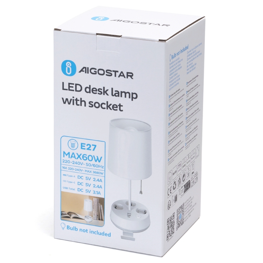 Aigostar - Candeeiro de mesa com tomadas e portas USB 1xE27/60W/230V branco