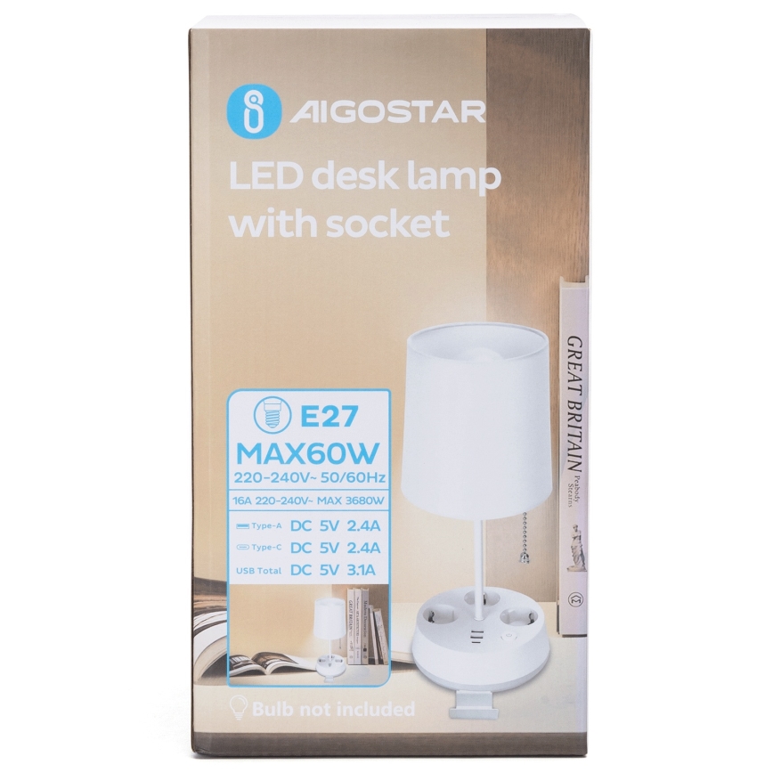 Aigostar - Candeeiro de mesa com tomadas e portas USB 1xE27/60W/230V branco
