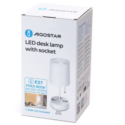 Aigostar - Candeeiro de mesa com tomadas, soquete 1xE27/60W/230V, branco