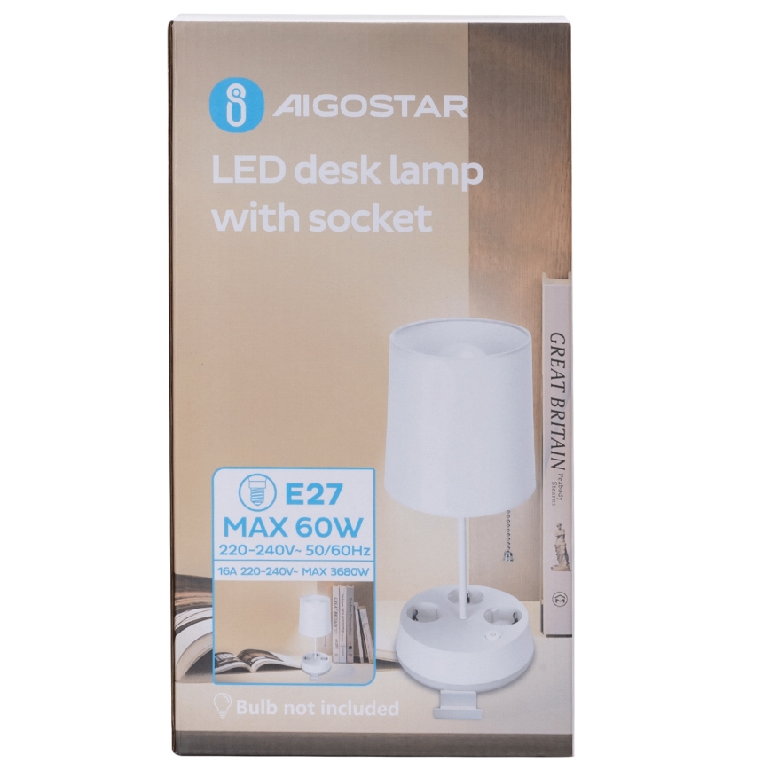 Aigostar - Candeeiro de mesa com tomadas, soquete 1xE27/60W/230V, branco