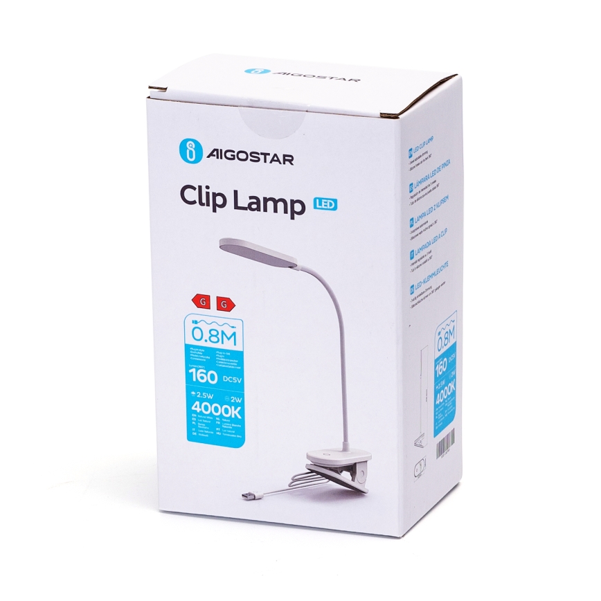 Aigostar - Candeeiro de mesa LED com regulação com clipe LED/2,5W/5V branco