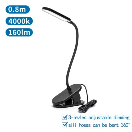 Aigostar - Candeeiro de mesa LED com regulação com clipe LED/2,5W/5V preto