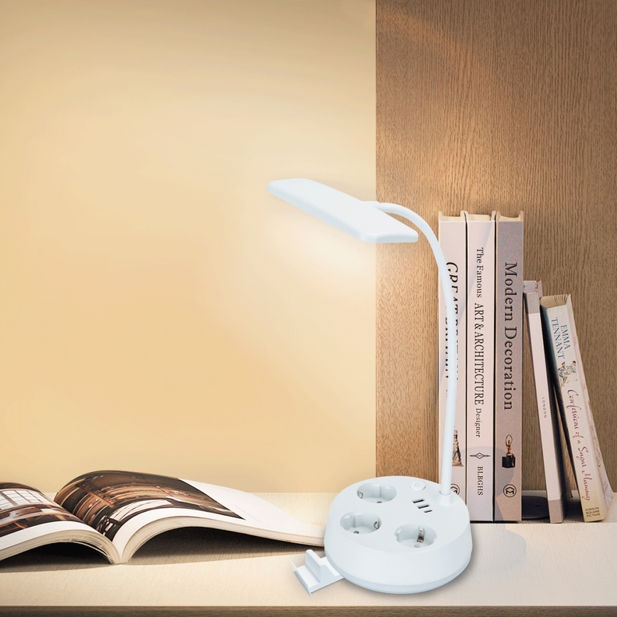 Aigostar - Luminária de mesa LED dimerizável com tomadas e porta USB LED/4,6W/230V 3000/4000/6500K branca