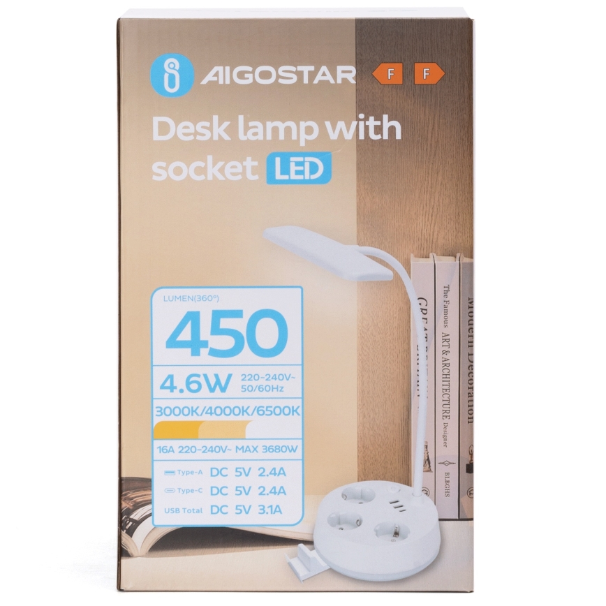 Aigostar - Luminária de mesa LED dimerizável com tomadas e porta USB LED/4,6W/230V 3000/4000/6500K branca