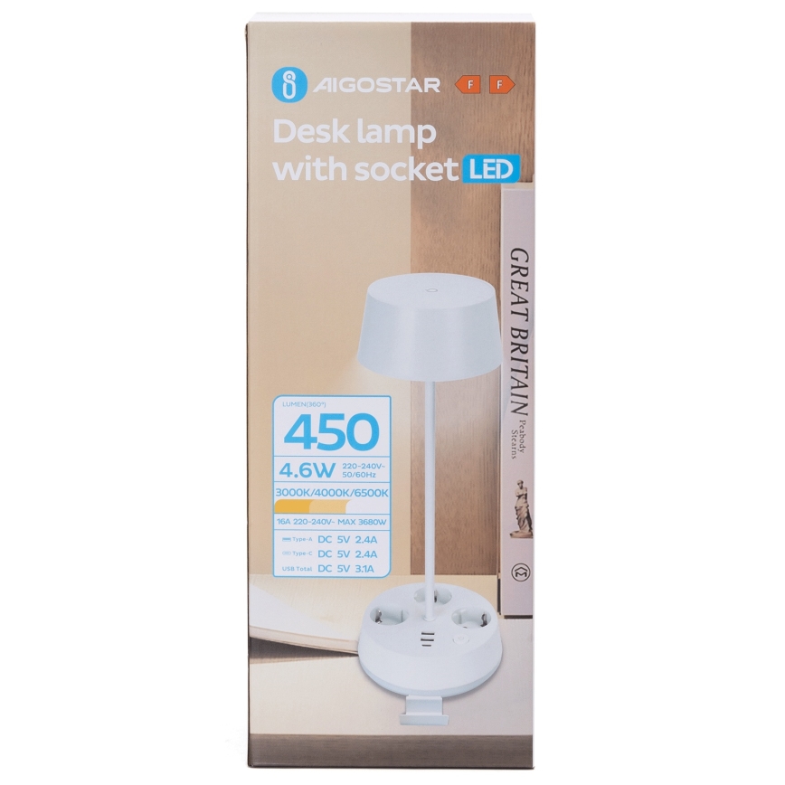 Aigostar - Candeeiro de mesa LED regulável com tomadas e porta USB LED/4,6W/230V 3000/4000/6500K branco