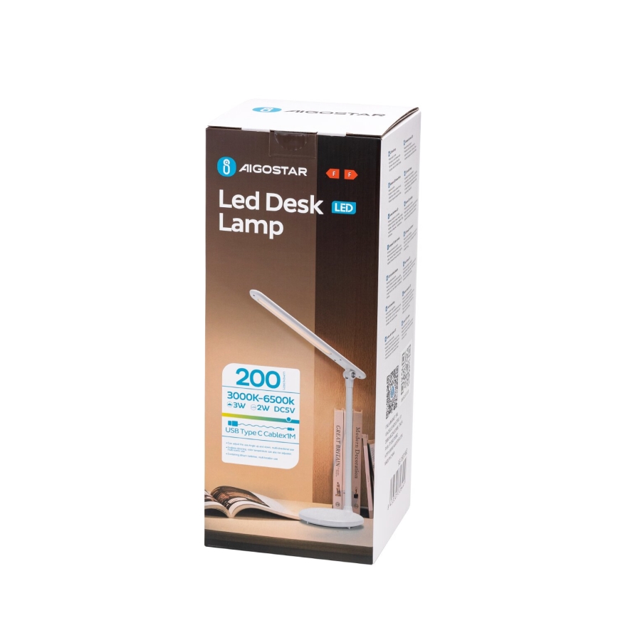 Aigostar - Candeeiro de mesa LED tátil recarregável com regulação LED/3W/5V 1200mAh 3000/4000/6500K