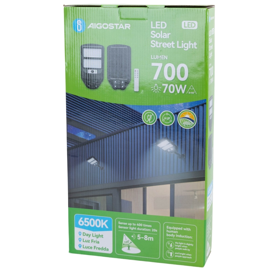 Aigostar - Candeeiro de rua solar LED com sensor LED/70W/3,2V 4000mAh IP65 6500K + comando
