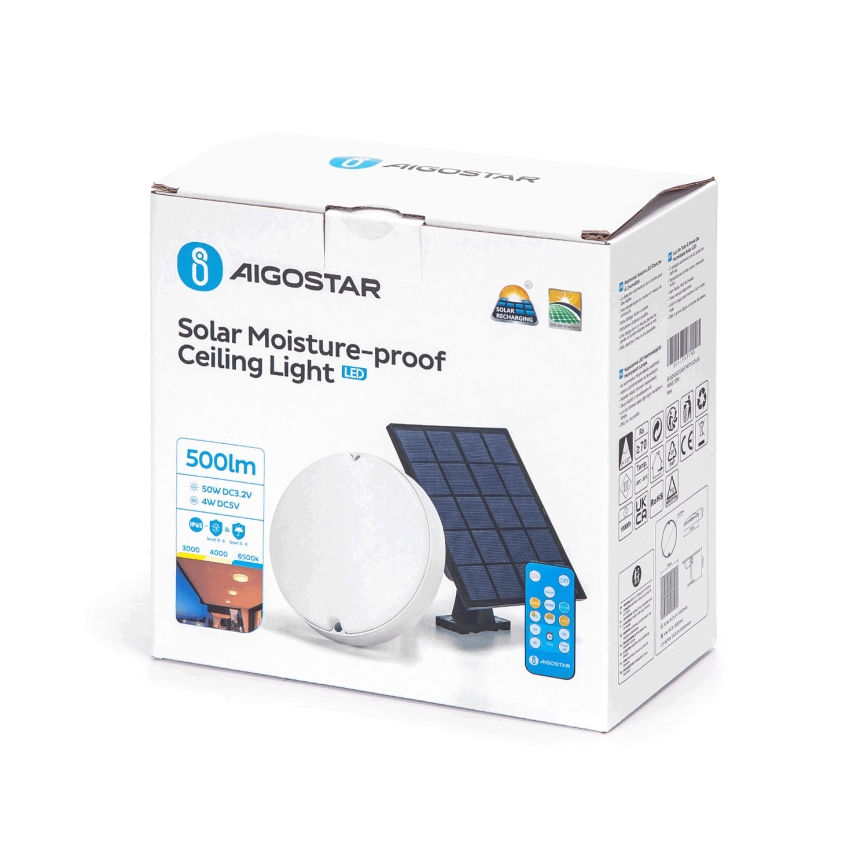 Aigostar - Candeeiro de teto solar regulável LED/3,2V 3000K/4000K/6500K IP65 + comando