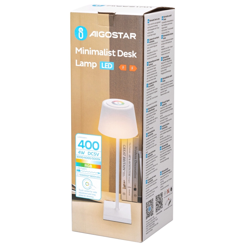 Aigostar -  Candeeiro de mesa LED RGBW exterior recarregável com regulação LED/4W/5V 3600mAh branco IP54