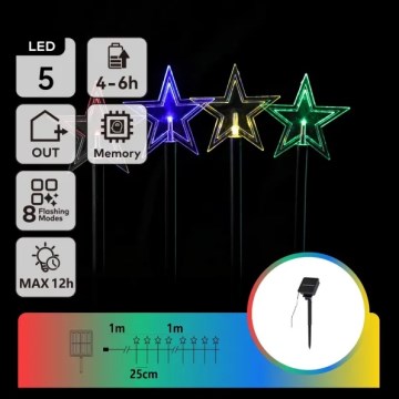 Aigostar - Candeeiro solar de Natal LED RGBY 5xLED/1,2V/8 modos 1m IP65 800mAh estrelas