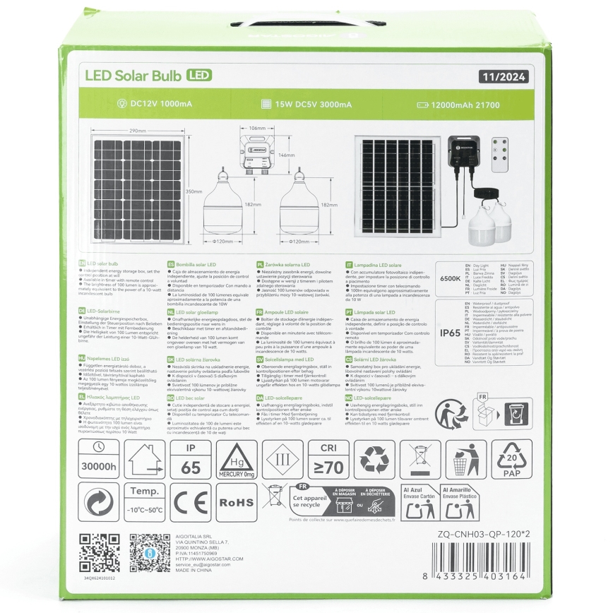 Aigostar - Candeeiro solar LED 2xLED/70W/12V 12000 mAh 6500K diâmetro 12 cm + comando