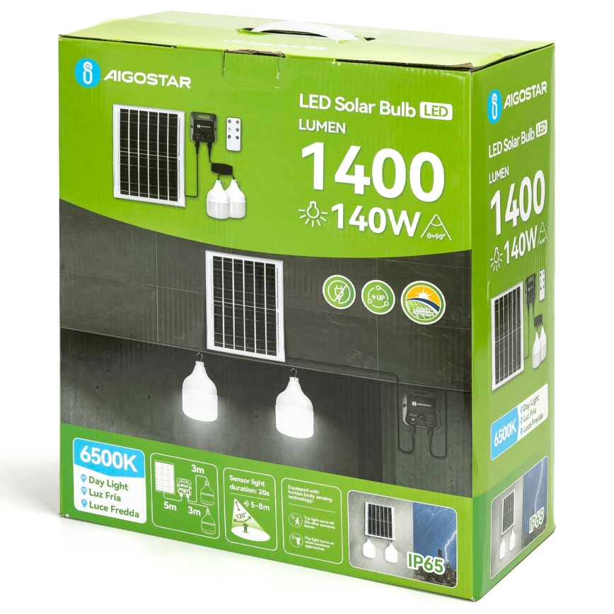 Aigostar - Candeeiro solar LED com sensor 2xLED/70W/12V 12000 mAh 6500K diâmetro 12 cm + comando