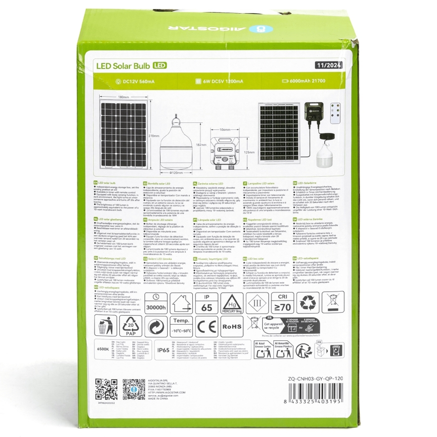 Aigostar - Candeeiro solar LED com sensor LED/70W/12V 6000 mAh 6500K diâmetro 12 cm + comando