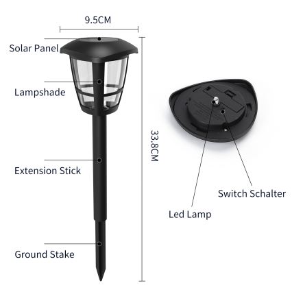 Aigostar - Candeeiro solar LED LED/0,06W/2V 100 mAh 33,8 cm 6500K IP44 preto