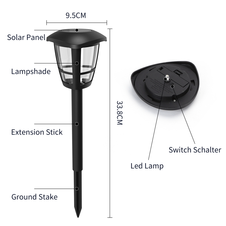 Aigostar - Candeeiro solar LED LED/0,06W/2V 100 mAh 33,8 cm 6500K IP44 preto