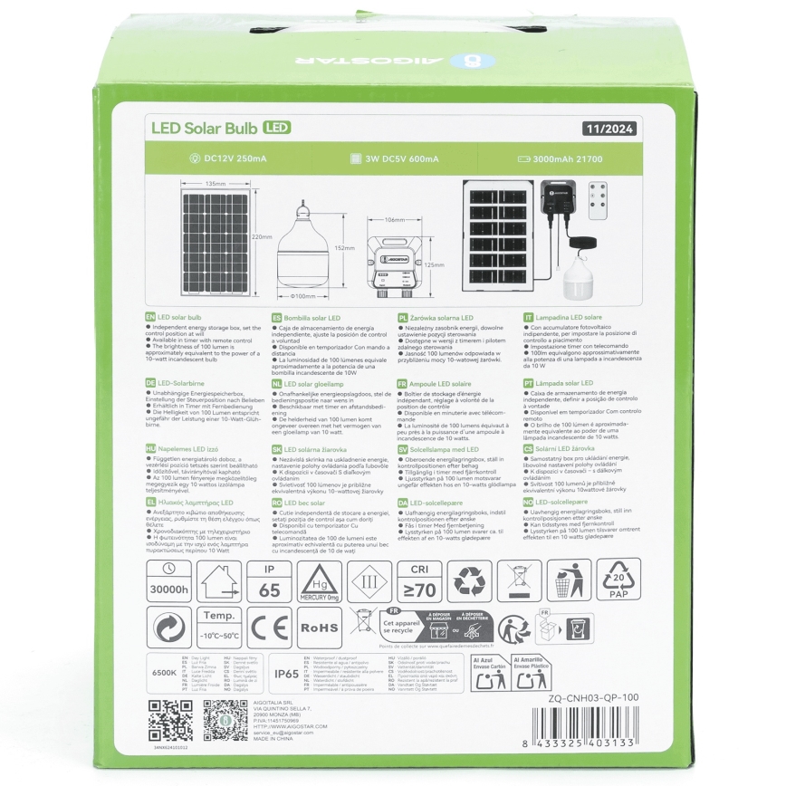 Aigostar - Candeeiro solar LED LED/35W/12V 3000 mAh 6500K diâmetro 10 cm + comando