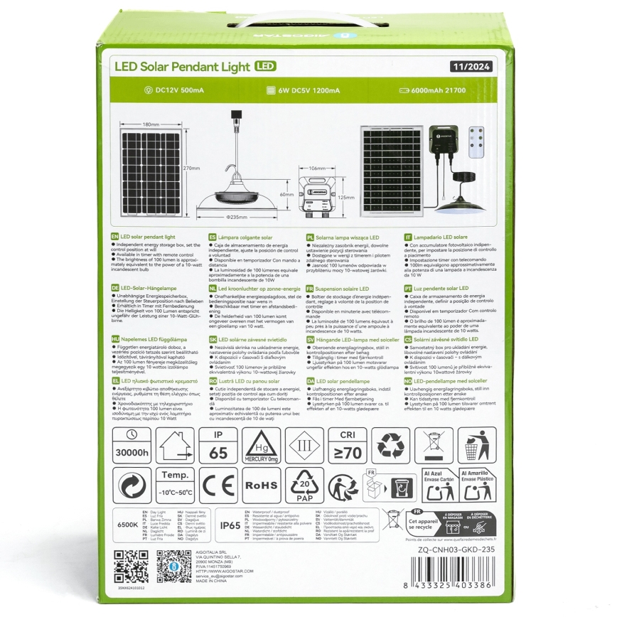 Aigostar - Candeeiro solar LED LED/70W/12V 6000 mAh 6500K diâmetro 23,5 cm + comando