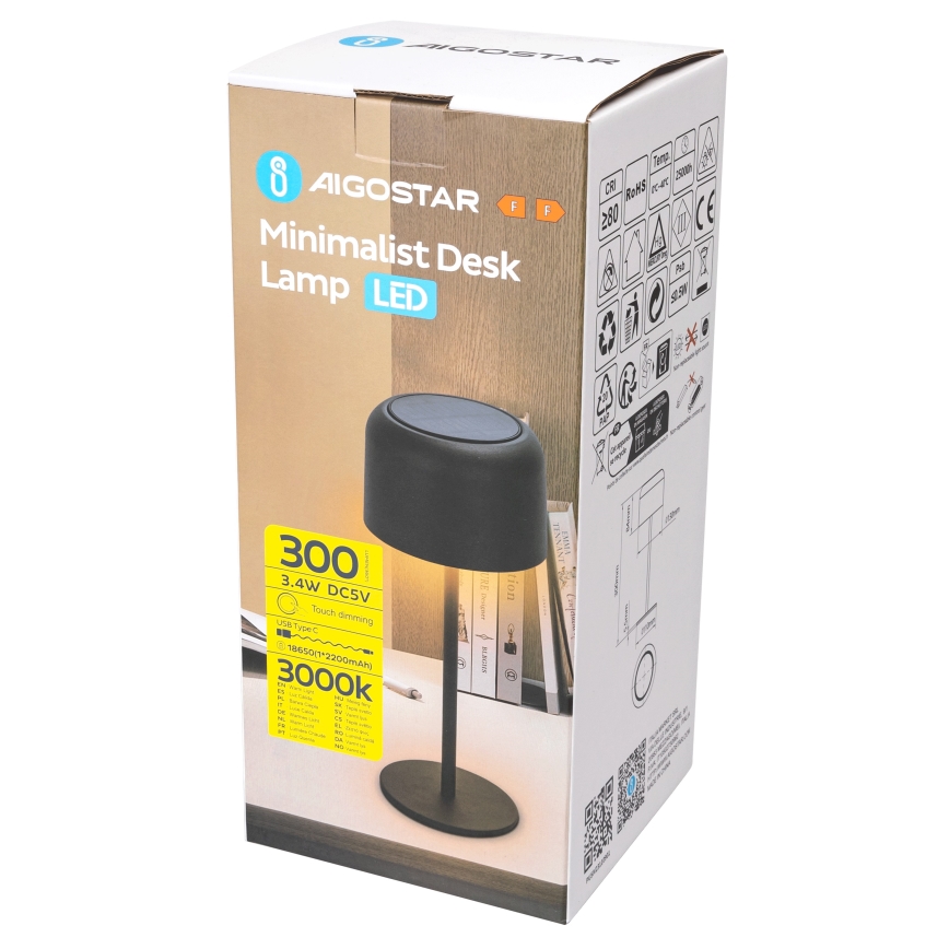 Aigostar - Candeeiro de mesa LED Solar regulável e recarregável LED/3W/5V 2200mAh preto IP54