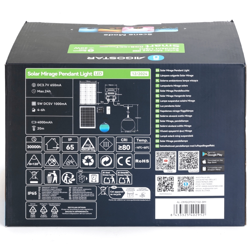 Aigostar - Candeeiro solar LED RGB regulável MESH LED/20W/3,7V 4000 mAh 2700K-6500K IP65 diâmetro 15 cm