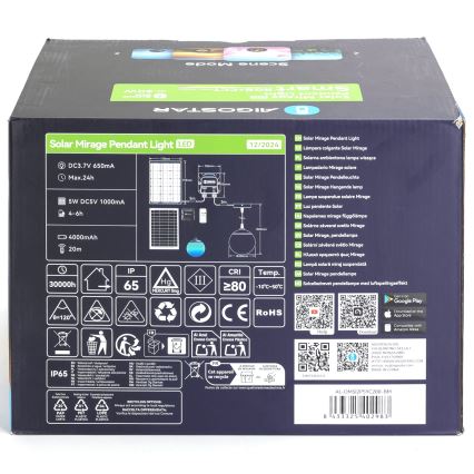 Aigostar - Candeeiro solar LED RGB regulável MESH LED/20W/3,7V 4000 mAh 2700K-6500K IP65 diâmetro 20 cm