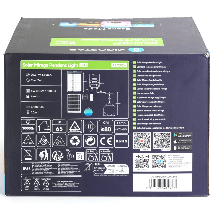 Aigostar - Candeeiro solar LED RGB regulável MESH LED/20W/3,7V 4000 mAh 2700K-6500K IP65 diâmetro 20 cm