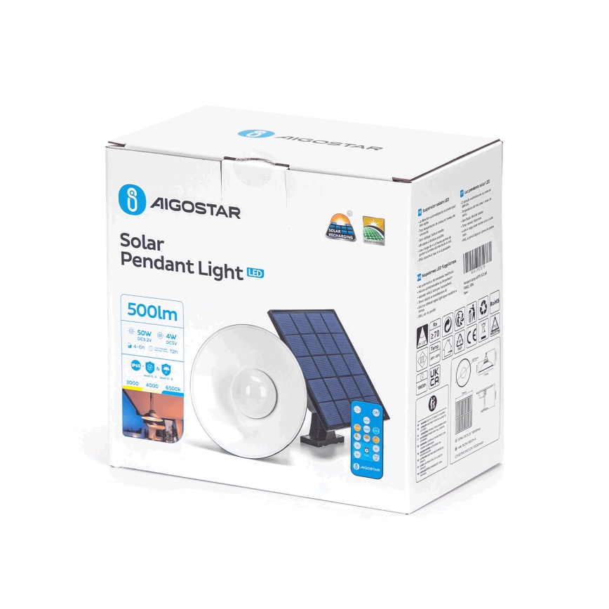 Aigostar - Lustre solar LED regulável num fio LED/3,2V 3000K/4000K/6500K IP65 + comando