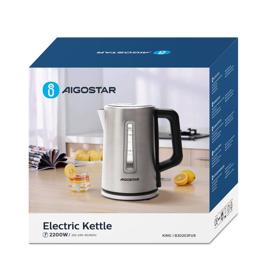 Aigostar - Chaleira 1,7l 2200W/230V cromado mate